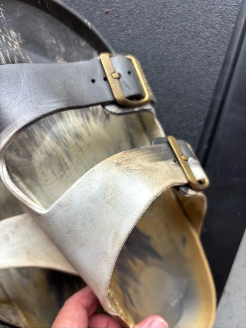 Birkenstock Two-Strap Sandals in Black and Tan with Gold Buckles